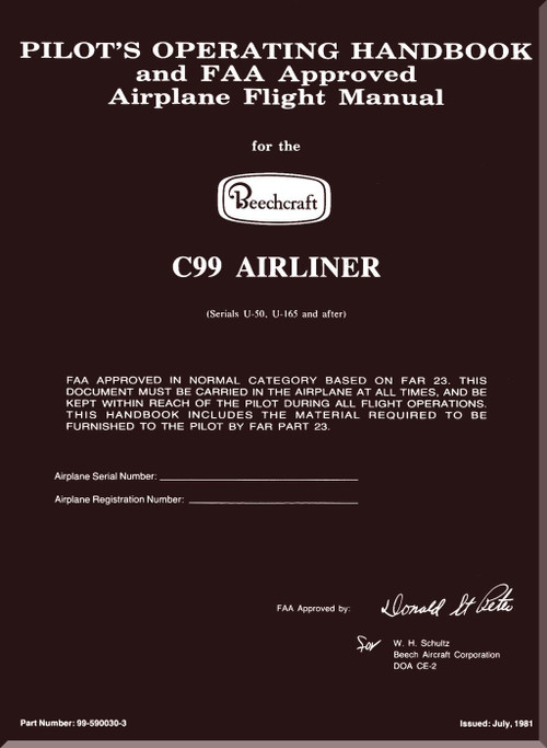  Beechcraft C99 Airliner Aircraft Pilot's Operating Handbook and Flight Manual 