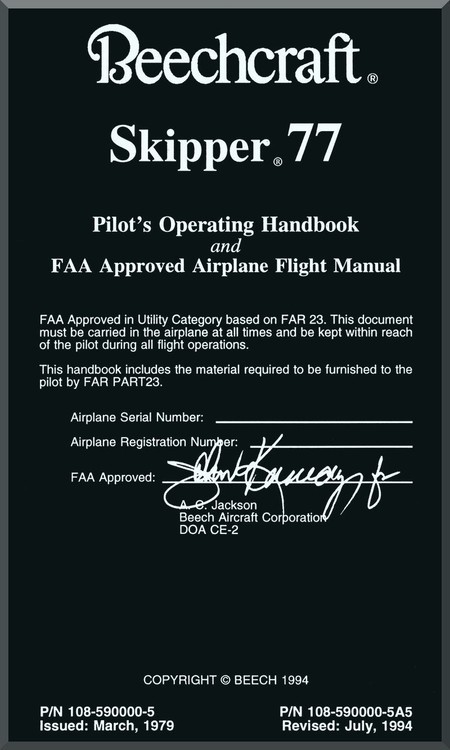 Beechcraft Skipper 77 Aircraft Pilot Operating Handbook and Airplane Flight Manual 