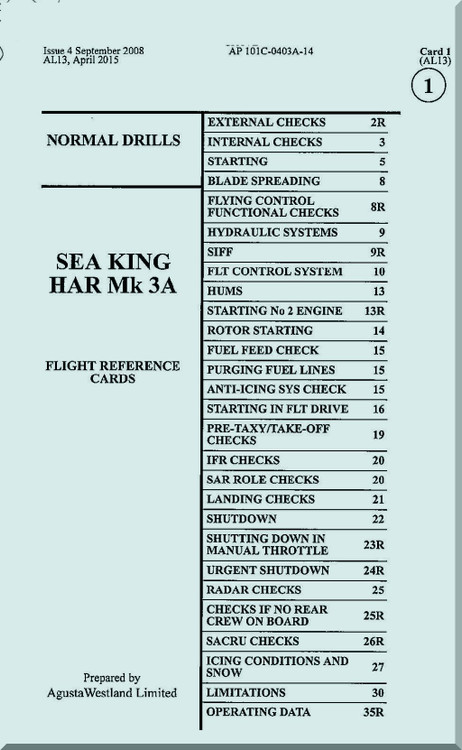 Westland Sikorsky Sea King HAR Mk.3A Helicopter Flight Reference Cards Manual