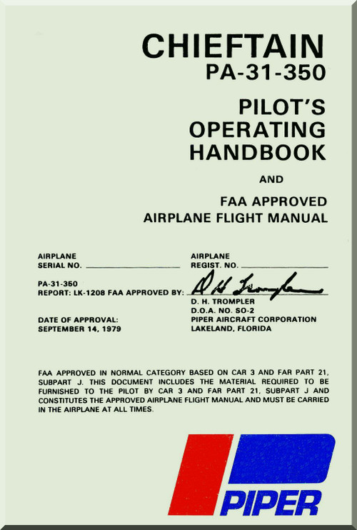 Piper Aircraft Pa-31-350 CHIEFTAIN Aircraft Pilot's Operating Handbook Manual