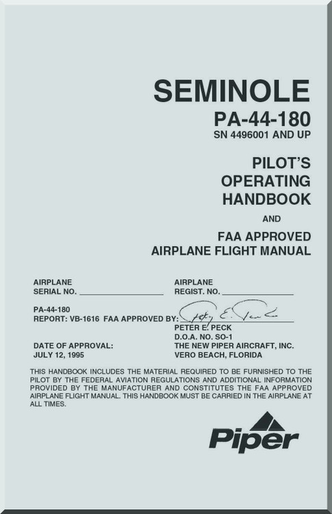 Piper Aircraft Pa-44-180 Seminole Pilot's Operating Handbook Manual - 1995