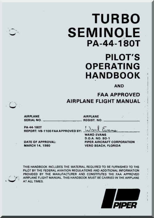 Piper Aircraft Pa-44-180T Turbo Seminole Pilot's Operating Handbook Manual- 1980