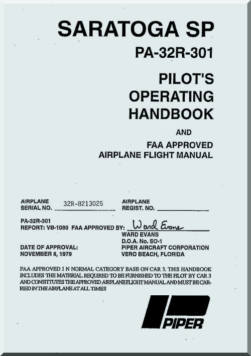 Piper Aircraft Saratoga SP PA-32R 301 Aircraft Pilot's Operating Handbook Manual - VB-1080 - 1979