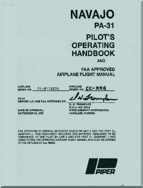  Piper Aircraft Pa-31 Navajo Aircraft Pilot's Operating Handbook Manual -1979