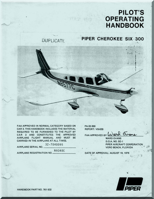  Piper Aircraft Pa-32-300 Cherokee Six Aircraft Pilot's Operating Handbook Manual - 1996