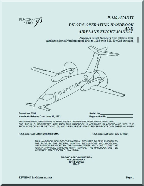 Piaggio P.180 Avanti Aircraft Pilot's Operating Handbook and Airplane Flight Manual ( English Language )