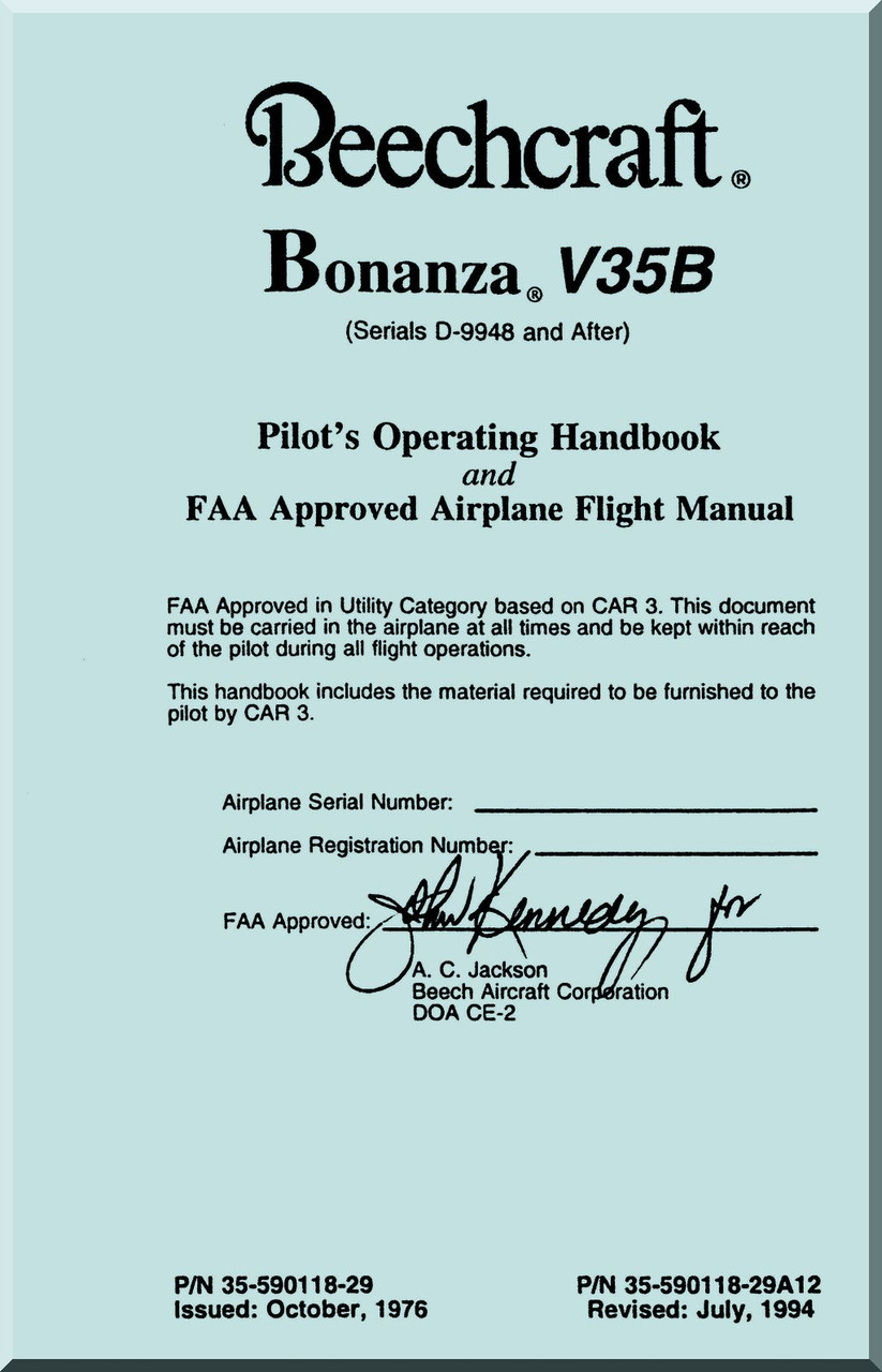 Beechcraft Bonanza V35B Aircraft Pilot's Operating Handbook and
