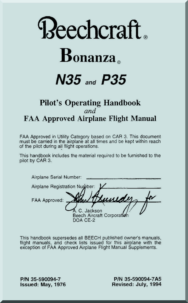 Beechcraft Bonanza N35 and P35 Aircraft Pilot's Operating Handbook