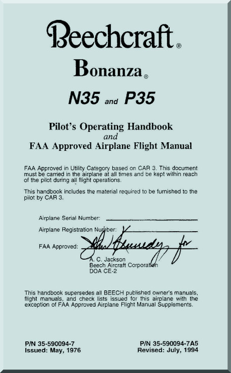 Beechcraft Bonanza N35 and P35 Aircraft Pilot's Operating Handbook and Airplane Flight Manual - 1994