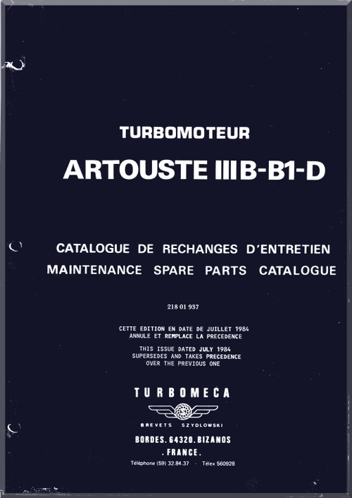 Turbomeca Artouste III B- B1-D Aircraft Turbomoteur Engines Maintenance Spare Parts Catalogue Manual 