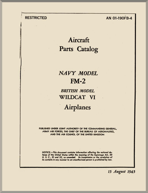 Grumman FM-2 / Wildcat VI Aircraft Parts Catalog Manual - 01-190FB-4 - 1945