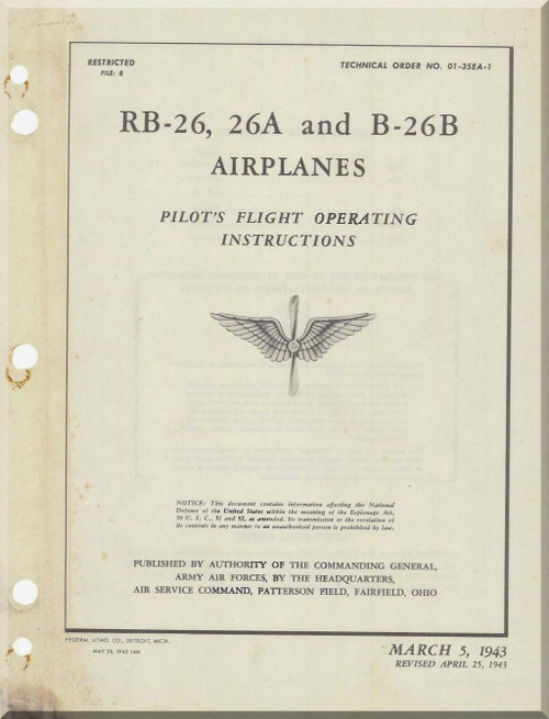 Glenn Martin RB-26, 26A and B-26B " Marauder " Aircraft Pilot's Flight Operating Instructions Manual - 01-35EA-1 - 1943