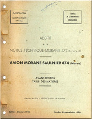 Morane Saulnier MS-474 Avion Aircraft Technical Manual ( French Language )