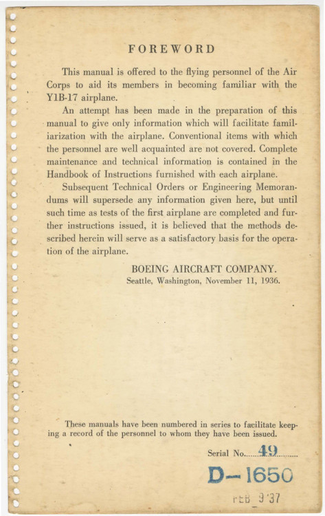 Boeing Y1B-17 Aircraft Flight Handbook Manual - D-1650 , 1937