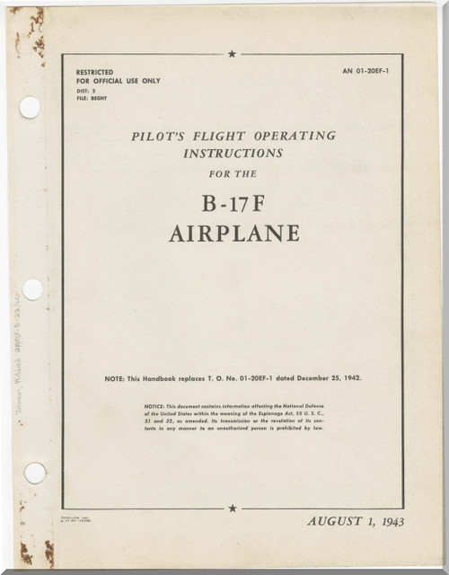  Boeing B-17 F Aircraft Flight Operating Instructions Manual -  An 01-20EF-1 - 1943