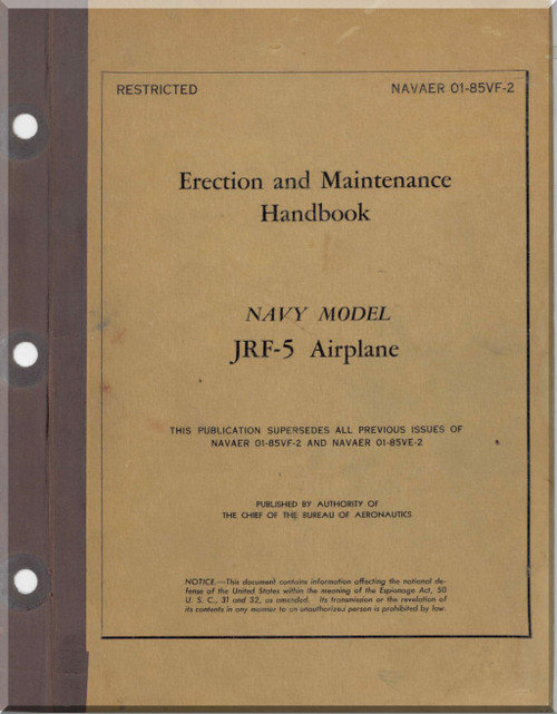 Grumman JRF-5 Aircraft Erection and Maintenance Handbook Manual -01-85VF-2 -1945