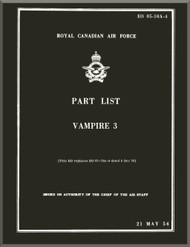 De Havilland Vampire 3 Aircraft Part List Manual - RCAF - EO 05-10A-4 -1954