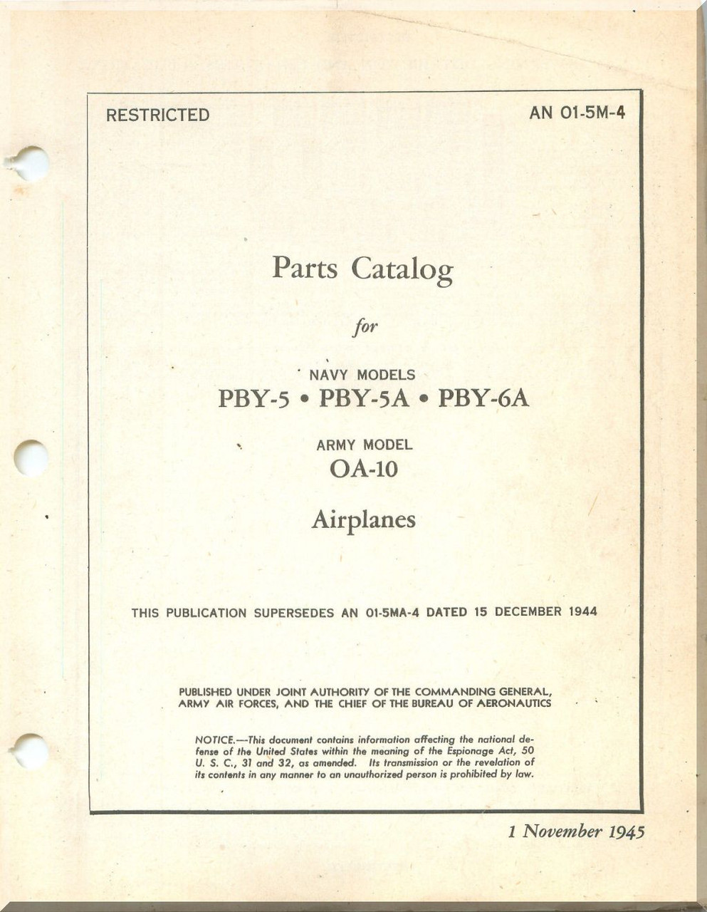 Consolidated PBY5 A PBY6A OA10 Aircraft Parts Catalog Manual 015M