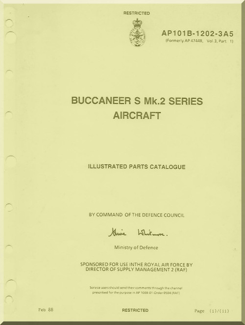 Blackburn Buccaneer S Mk.2 Aircraft Illustrated Parts Catalogue Manual - - AP 101B-1202-3A5 -1985