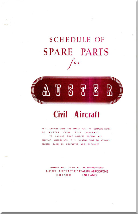 Auster Civil Aircraft Schedule of Spare Parts Manual - 1956 