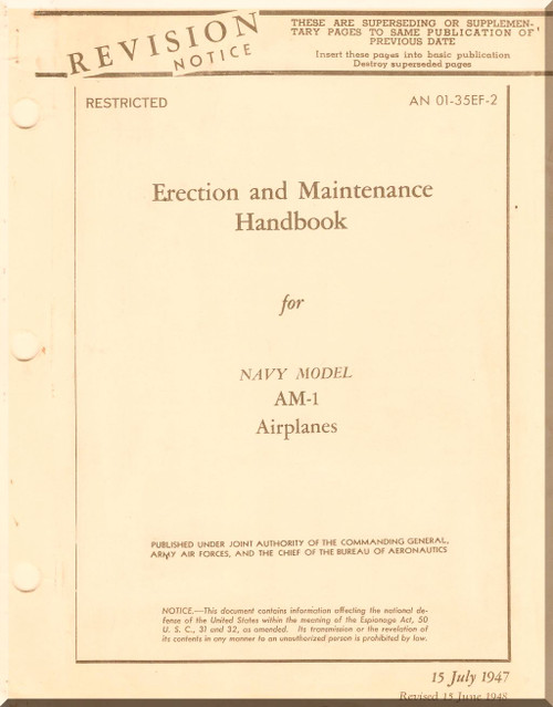Glenn Martin AM-1 Mauler Erection and Maintenance Handbook Manual - 01-35F-2 - 1947