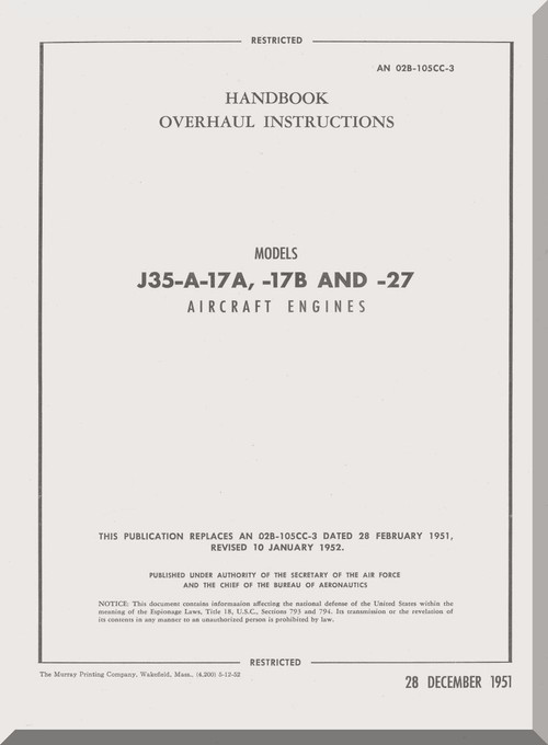 Allison / General Electric  J-35-A-17A , - 17B and - 27  - Aircraft Engine Handbook Overhaul  Instruction Manual - AN 02B-105CC-3 - 1951 (