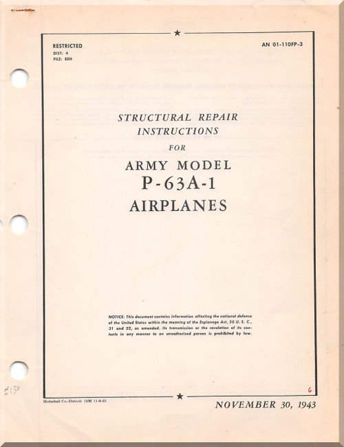 Bell P-63 A-1 Aircraft Structural Repair Instructions AN 01-110FP-3- 1943