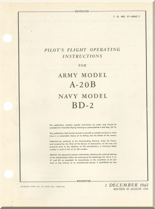 Douglas A-20B (BD-2) Aircraft Pilot's Flight Operating Instructions Manual - T.N. 01-40AC-1 -1942