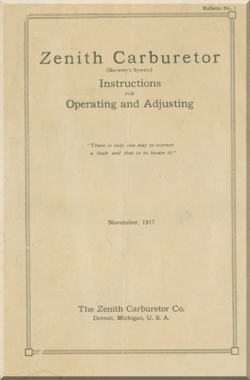 Zenith Aeroplane Aircraft Carburetor Instruction Operating and Adjusting Manual - 1917