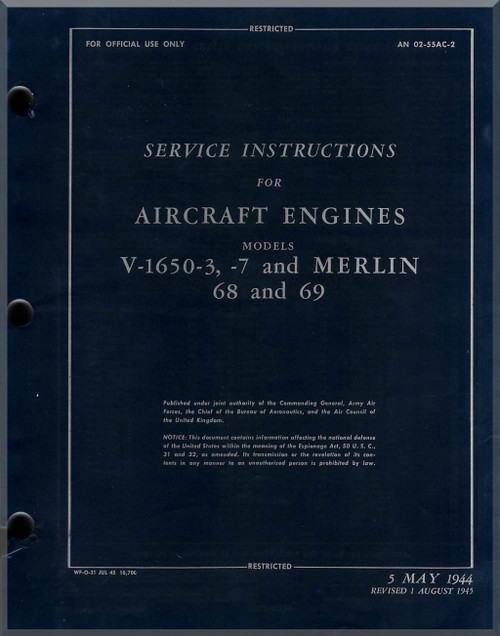 Royce Packard Merlin V-1650 -3 - 7, 68, 69 Aircraft Engine Service Instructions Manual - 02-55AC-2 -1944