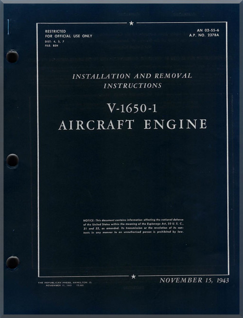 Rolls Royce Packard Merlin V-1650 -1, Aircraft Engine Installation and Removal Instructions Manual - 02-55-6 -1943