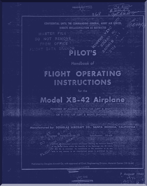 Douglas XB-42 Aircraft Pilots Handbook Flight operation Instructions Manual , 1945