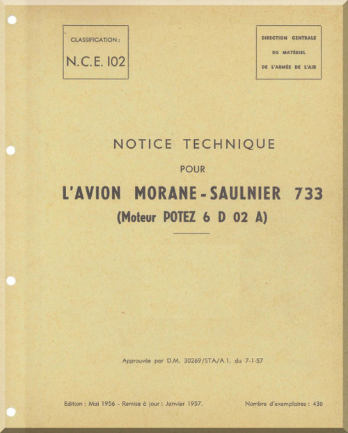 Morane Saulnier MS-733 Aircraft Pilot and Maintenance Manual- 1957- about 200 pages (French Language) 