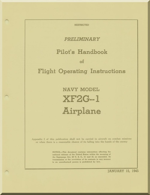 Goodyear XF2G " Super Corsair " Aircraft Preliminary Pilot's |handbook of Flight Operating Instructions Manual - 1945