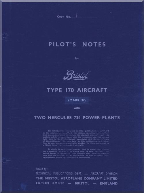 Bristol 170 Freighter Mk. 32 Pilot's Notes Manual - 1956