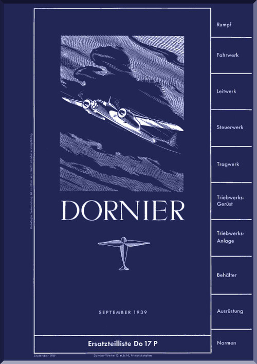 Dornier Do -17 P Aircraft, Ersatzteilliste , Illustrated Parts Catalog Manual , 1939 (German Language)