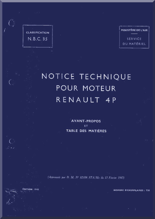 Renault Type 4 P Aircraft Engine Forward Manual (French Language) - 1947