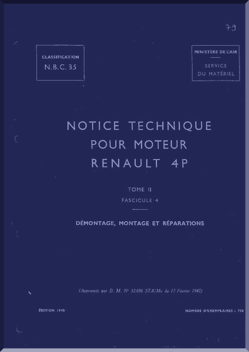 Renault Type 4 P Aircraft Engine Disassembly- Assembly Repair Manual (French Language) - 1947