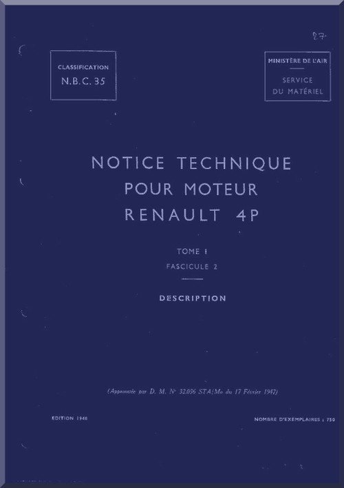 Renault Type 4 P Aircraft Engine Description Manual (French Language) - 1947