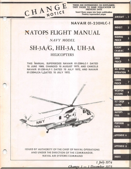 Sikorsky SH-3 A/G, HH-3 A, UH-3 A Helicopter Flight Manual - NAVAIR 01-230HLC-1 -1974 