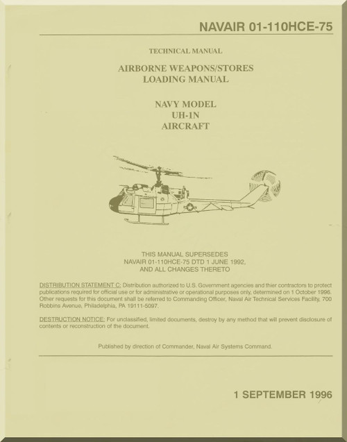  Bell Helicopter UH-1N Helicopter Airborne Weapons / Stores Loading Manual - NAVAIR 01-110HCE-75- 1996