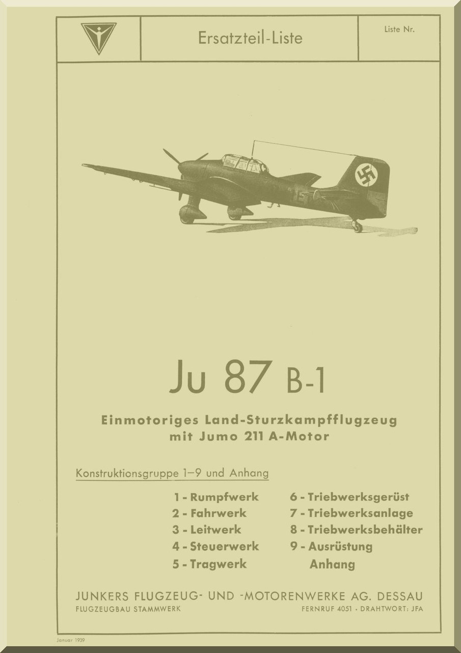 Junkers JU 87 B1 Aircraft Illustrated Parts Catalog Manual , Ersatzeil