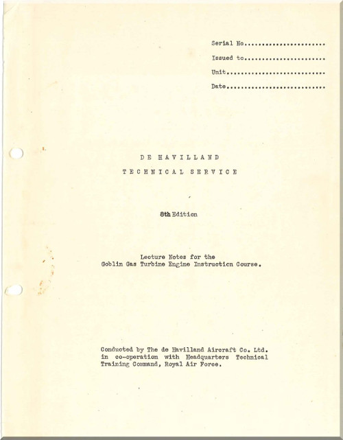 De Havilland Goblin   Aircraft  Engine Gas Turbine Engine Instruction Course Lectures Note  Manual De Havilland Goblin   Aircraft  Engine Gas Turbine Engine Instruction Course Lectures Note  Manual