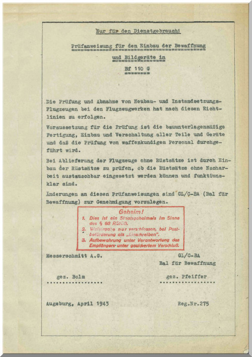 Messerschmitt Bf-110 G   Aircraft Test Instructions Weapons Image Device Manual- (German Language) - Prufanweisung Waffe Bilgerat