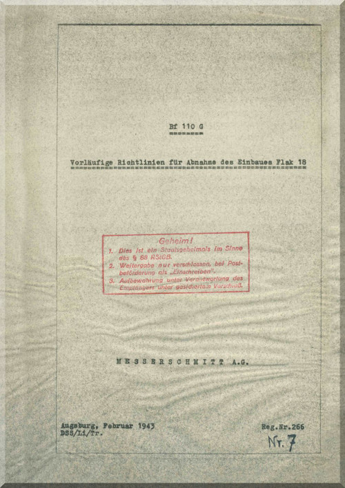 Messerschmitt Bf-110 G   Aircraft Flak 18 Installation Guide  Manual- (German Language) - Flak 18 Einbau-Richtline