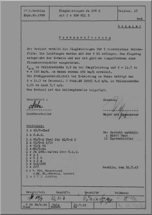 Junkers Ju 188  E  Aircraft  Flight Performance Manual ,  Flugleistungen  - 1943  (German Language )