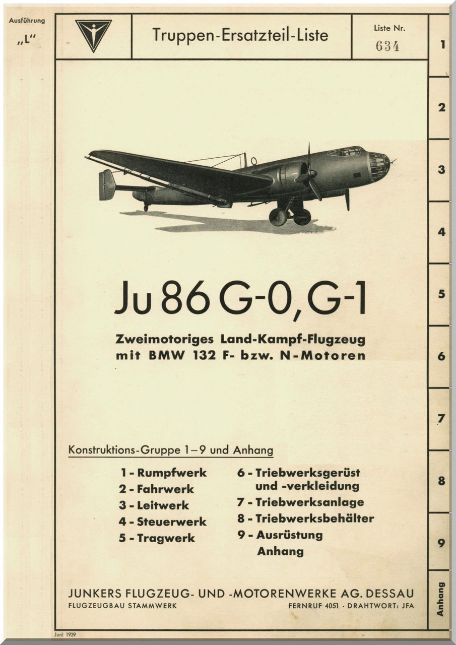 Junkers JU 86 G0, G1 Aircraft Troop Part List Catalog Manual