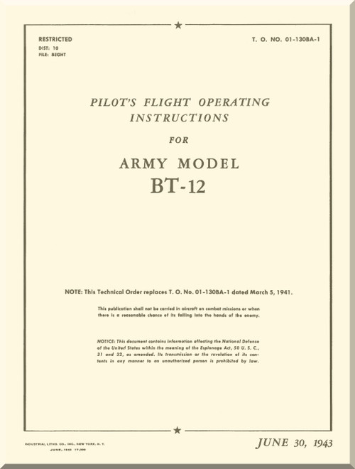 Fleetwings Model BT-12 Aircraft Pilot's Flight Operating Instructions Manual - T.O. 01-130BA-1 - 1943