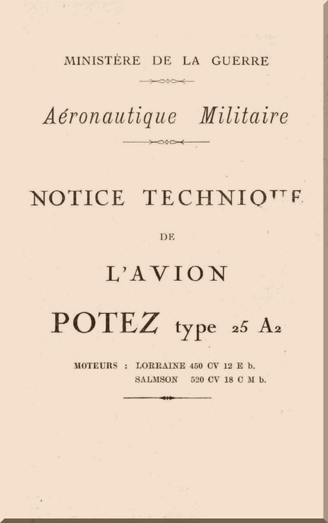 Potez  Type 25  A2 Notice Tecnique Manual (French Language)
