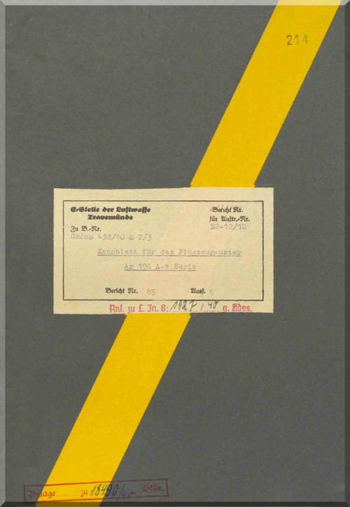 Arado AR.196  Aircraft  Short Description Manual,  Kurzbeschreibung, 1940  - (German Language)